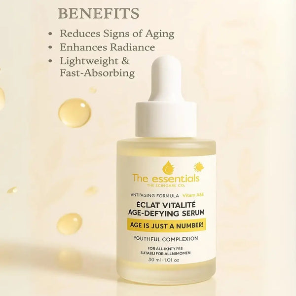 clat Vitalite Serum benefits graphic – reduces aging signs, enhances radiance, lightweight formula
