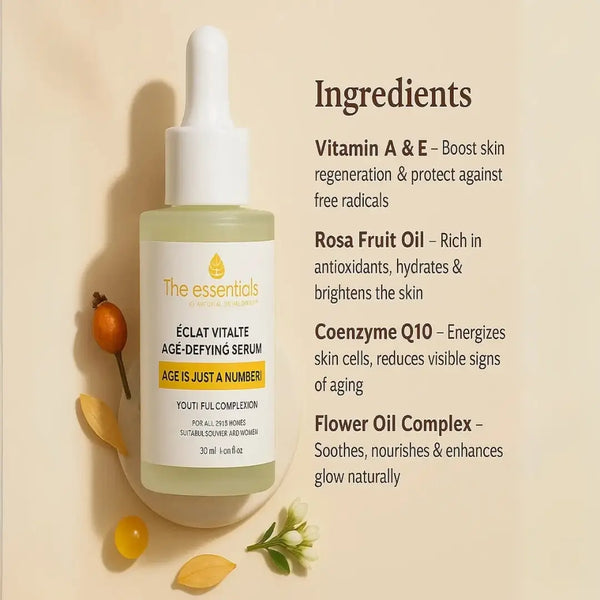 Eclat Vitalite Serum ingredients – vitamin A & E, Rosa fruit oil, Coenzyme Q10, and flower oil complex